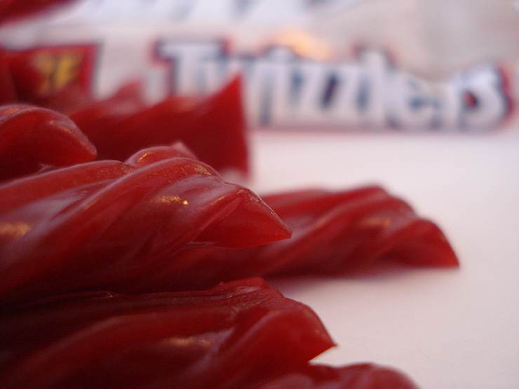 Close up of red strawberry twizzlers twist